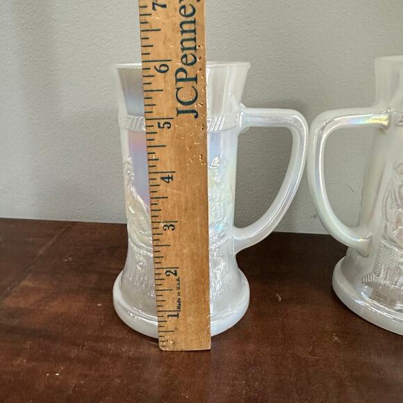 Federal Milk Glass Beer Steins Iridescent Tavern Scene Mugs Set of 2 USA - Picture 6 of 9